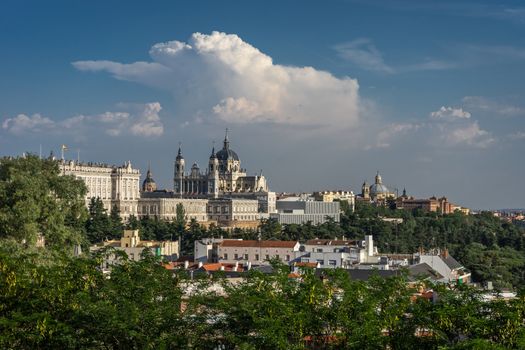 Madrid skyline showing the Catedral de la Almudena in Madrid, Spain, Europe