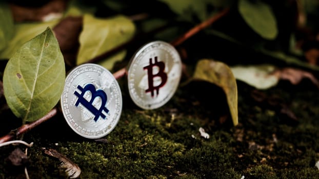 Digital currency physical silver red blue bitcoin on green grass near leafs.