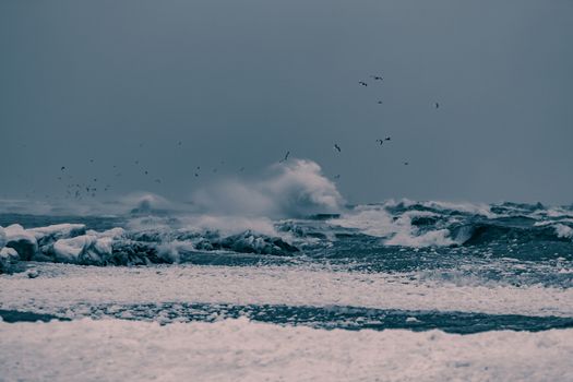 Big waves at the sea in stormy weather. Toned dark blue