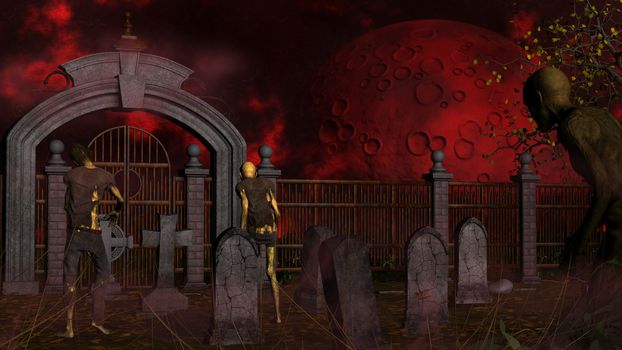 Zombies in spooky foggy cemetery in red night - 3d rendering