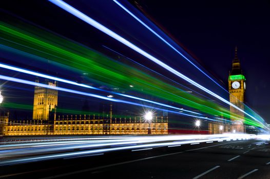 great night light in london Bigben tower with green light with blue light.