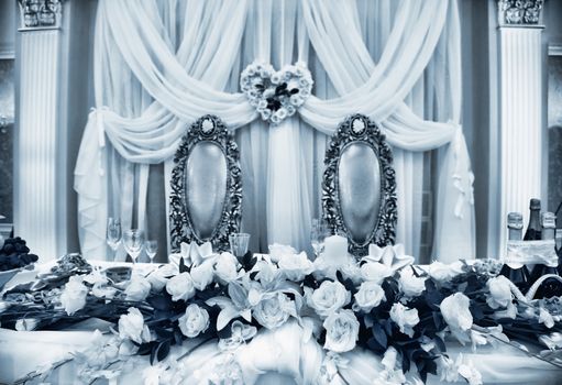 Close up of beautifully laid tables at wedding reception venue