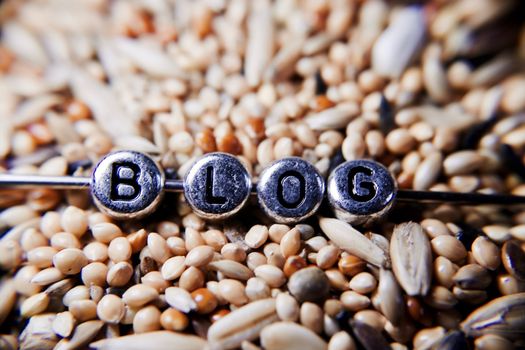 Silver blog inscription on the fresh seeds. Natural macro photography.