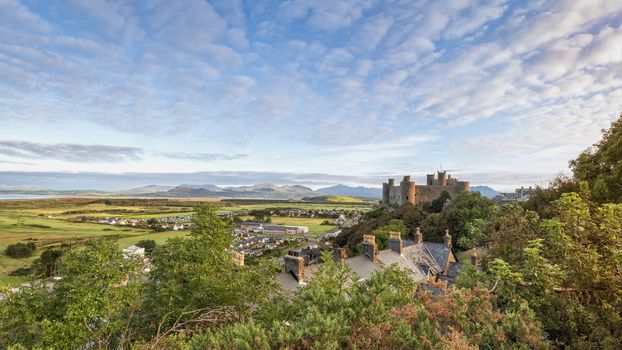 Harlech, Wales, United Kingdom - September 20, 2016: Panoramic view of Harlech Castle in North Wales at sunrise