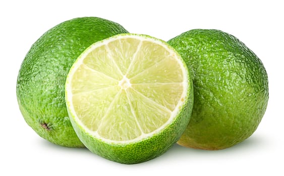 Half and two whole limes isolated on white background