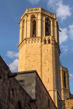 Barcelona, Spain - September 25, 2015: View of belltower of Barcelona cathedral at sunset
