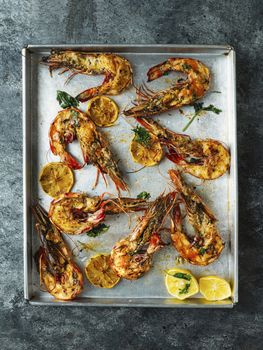 close up of rustic piri-piri grilled prawn