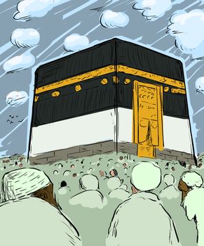 Crowd of Muslim pilgrims assembled around the Kaaba in Mecca, Arabia