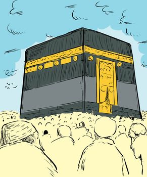 Illustration of devout Muslim pilgrims assembled around the Kaaba in Mecca, Arabia