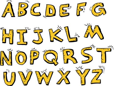 Isolated set of shiny golden hand drawn English alphabet letters over white