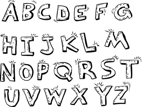 Outlined set of shiny hand drawn English alphabet letters over white