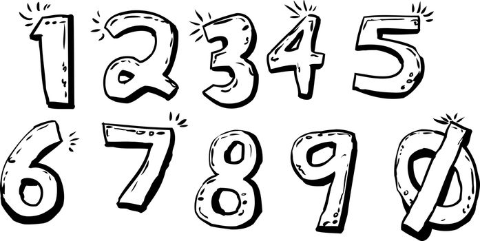 Outlined set of isolated cartoon of shiny hand drawn numbers over white background