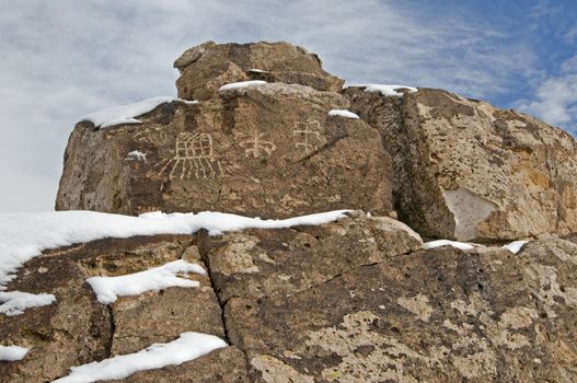 Red Canyon Petroglyphs along Fish Slough Road in Bishop, CA during winter.