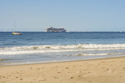 Cruise ship off the coast of California with other boats