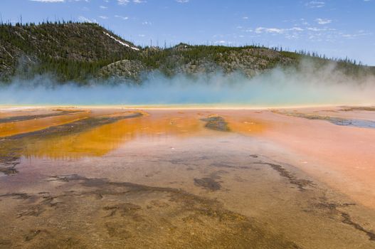 Grand Prismatic Spring as they  walking along path in Midway Geyser Basin, Yellowstone National Park, Wyoming