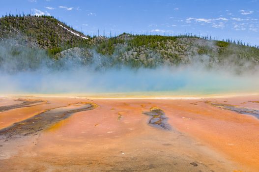 Grand Prismatic Spring as they  walking along path in Midway Geyser Basin, Yellowstone National Park, Wyoming