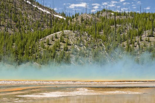 Grand Prismatic Spring as they  walking along path in Midway Geyser Basin, Yellowstone National Park, Wyoming