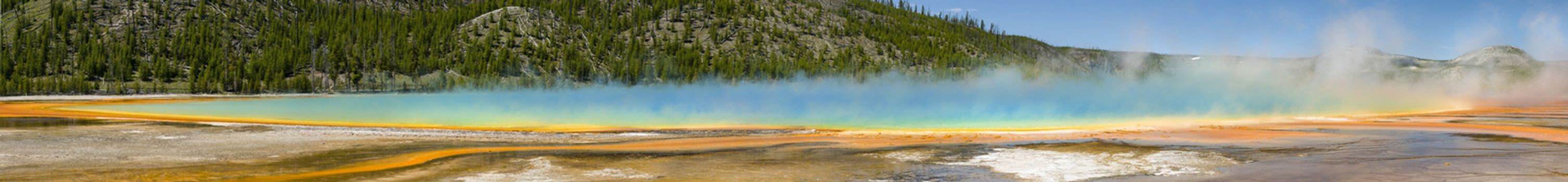 Grand Prismatic Spring panorama in Midway Geyser Basin, Yellowstone National Park, Wyoming