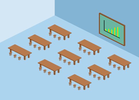 Brown table and chair with green blackboard and sell chart in blue meeting room isometric.