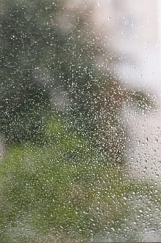 Drops of rain on the window behind the glass green trees