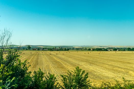 Bale of Hay on a field on the outskirts of Cordoba, Spain, Europe on a hot summer day with clear blue skies