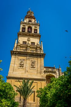 Bell tower  of the Mosque-Cathedral, the Mezquita,Mezquita de Córdoba,the Great Mosque of Córdoba, Mosque-Cathedral,La Mezquita, Mezquita in Cordoba, Andalucia with the orange and palm tree garden in the yard with a bird flying above in the blue sky