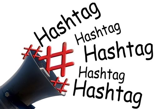 Megaphone and symbol # hashtag # red on white background.