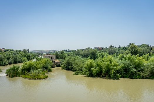 The Guadalquivir river in Cordoba, Spain, Andalucia, Europe on a bright summer day with blue sky and muddy waters