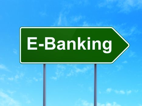 Business concept: E-Banking on green road highway sign, clear blue sky background, 3D rendering