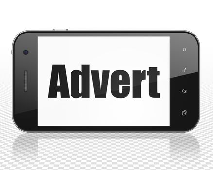 Advertising concept: Smartphone with black text Advert on display, 3D rendering