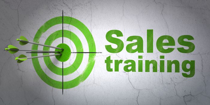 Success marketing concept: arrows hitting the center of target, Green Sales Training on wall background, 3D rendering