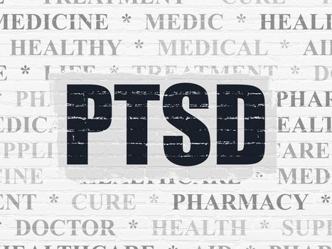Healthcare concept: Painted black text PTSD on White Brick wall background with  Tag Cloud