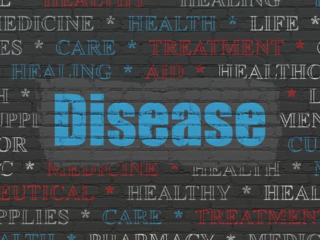 Health concept: Painted blue text Disease on Black Brick wall background with  Tag Cloud