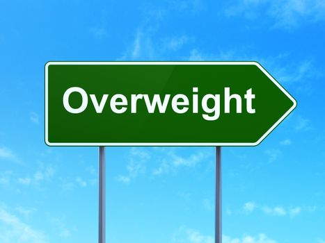 Medicine concept: Overweight on green road highway sign, clear blue sky background, 3D rendering