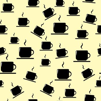 Cups seamless pattern. Tea or coffee cups on yellow background.