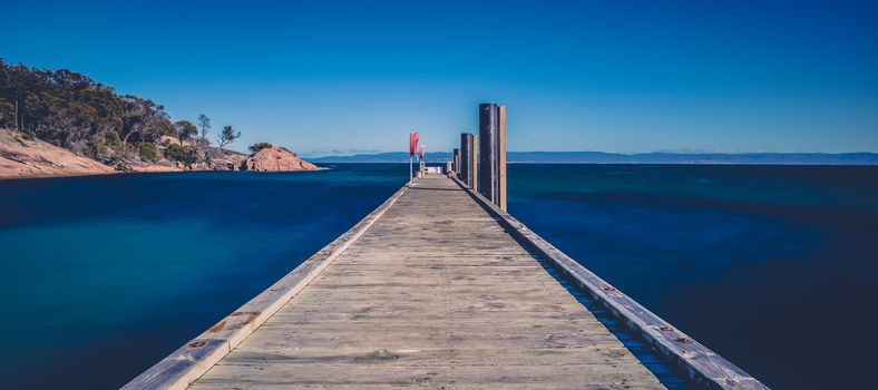 Beautiful view of Coles Bay and the Freycinet Pier in Tasmania.