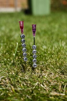 Small silver inscription on the needles. Doctor Hanna in green grass outdoor concept.