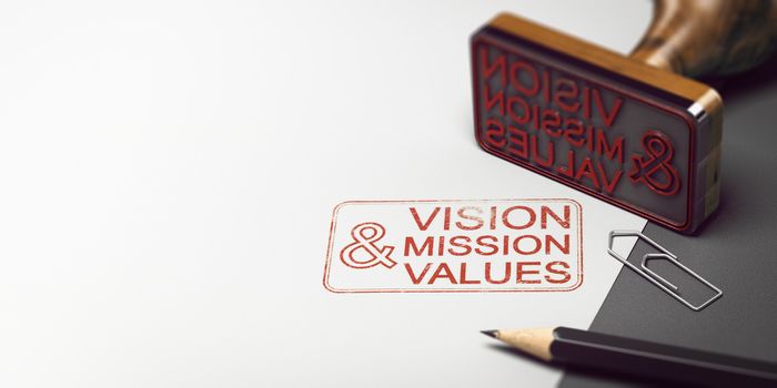 Rubber stamp with other office supplies and the text vision mission and values on a sheet of paper. Company Statement Concept. 3D illustration