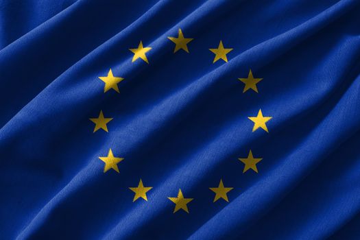 European Union ( EU ) flag painting on high detail of wave cotton fabrics . 3D illustration .