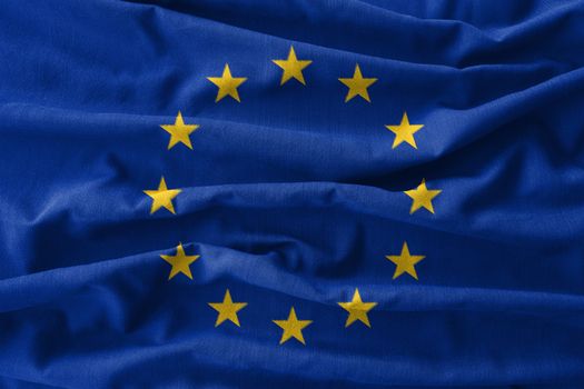 European Union ( EU ) flag painting on high detail of wave cotton fabrics . 3D illustration .