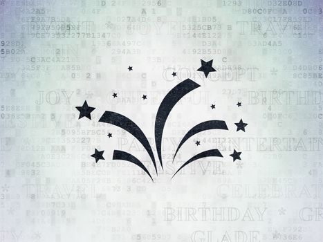 Holiday concept: Painted black Fireworks icon on Digital Data Paper background with  Tag Cloud