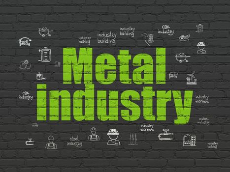 Industry concept: Painted green text Metal Industry on Black Brick wall background with  Hand Drawn Industry Icons