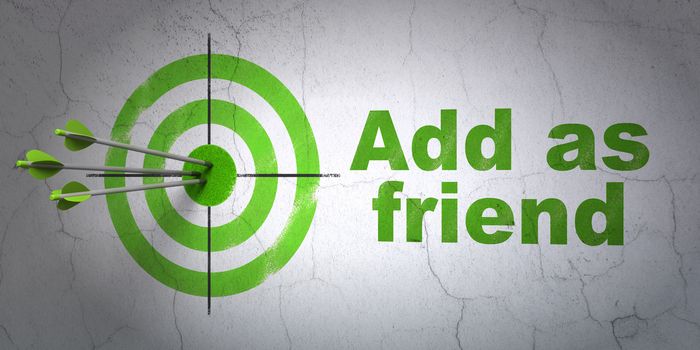 Success social network concept: arrows hitting the center of target, Green Add as Friend on wall background, 3D rendering