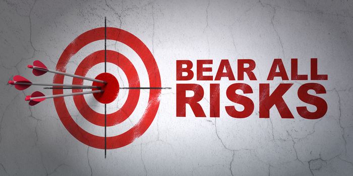 Success Insurance concept: arrows hitting the center of target, Red Bear All Risks on wall background, 3D rendering