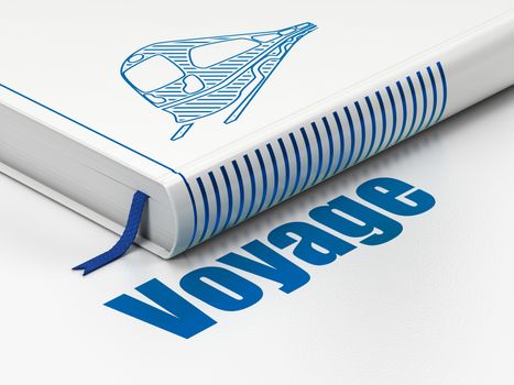 Travel concept: closed book with Blue Train icon and text Voyage on floor, white background, 3D rendering
