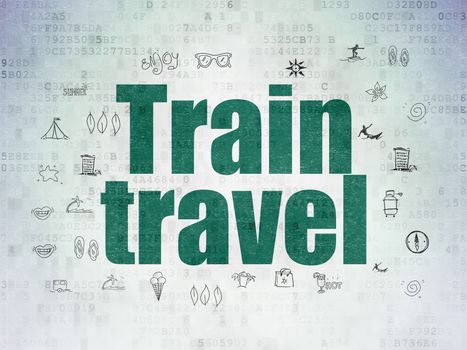 Travel concept: Painted green text Train Travel on Digital Data Paper background with  Hand Drawn Vacation Icons
