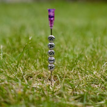 Small silver pins letters on the needle. Green grass natural outdoor concept.