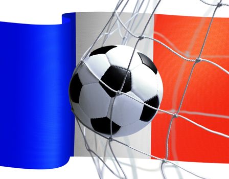 soccer ball in goal net on French flag background