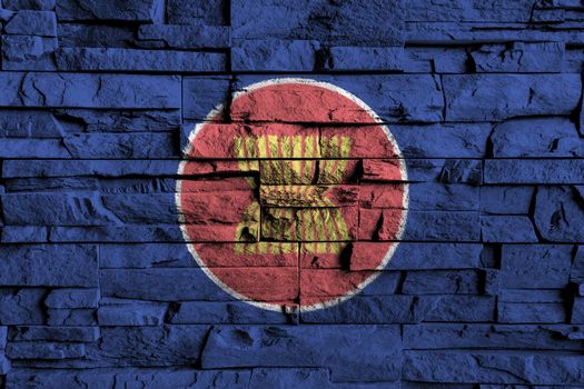 ASEAN flag painting on high detail of old brick wall . 3D illustration .