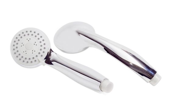 Two eco shower heads with the turn click levers of a spray settings on a white background
